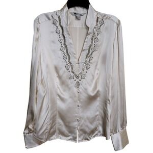 NWT Nygard Collection Top Womens 14 Ivory Beaded Satin Long Sleeve Button Up